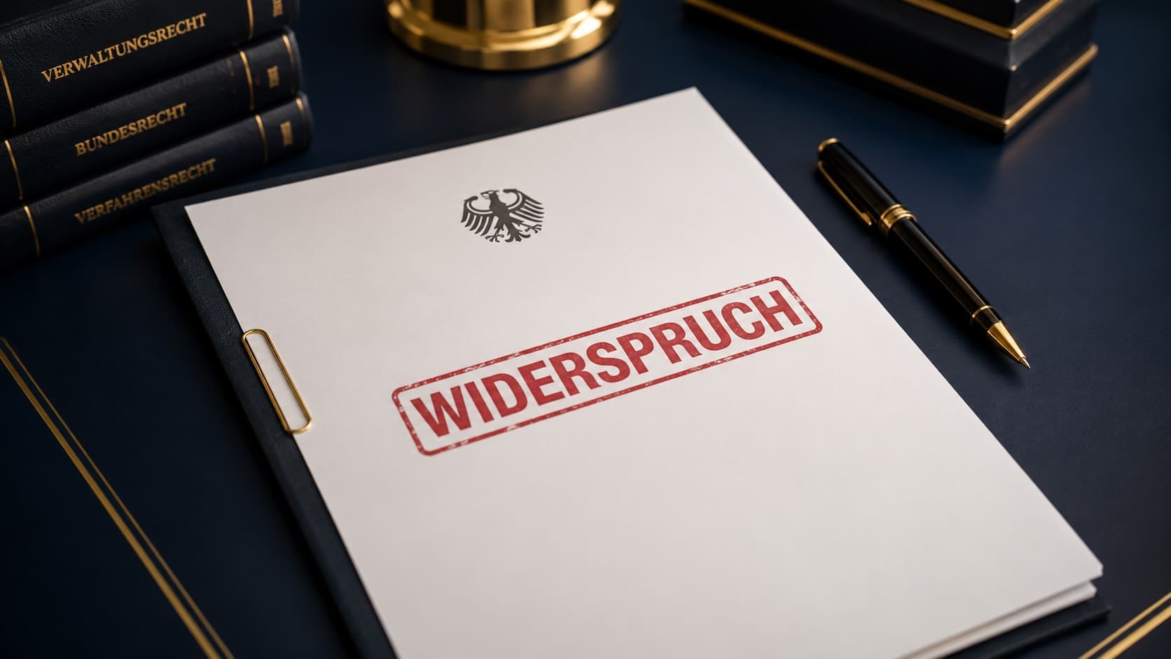Widerspruchsschreiben gegen Erwerbsminderungsrente mit Stempel auf Schreibtisch – Rentenberater Kevin Pink