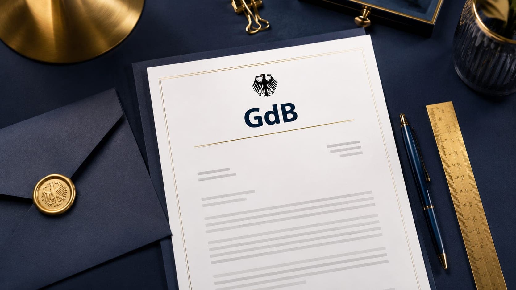 GdB-Bescheid mit Stift und Umschlag – Widerspruch gegen GdB-Bescheid einlegen Schritt für Schritt