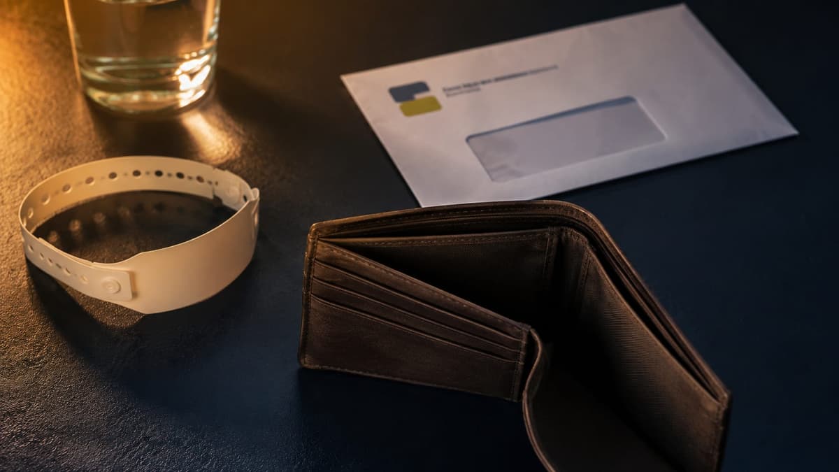Leere Geldbörse neben Krankenhausarmband – Krankengeld läuft aus, Nahtlosigkeit und EMR-Antrag stellen