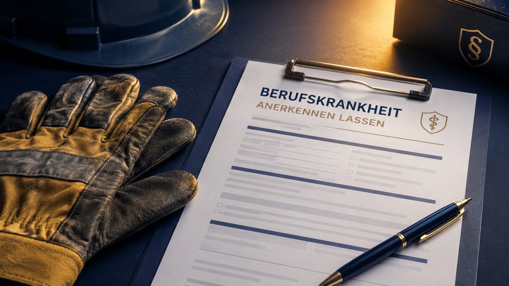Schutzhandschuh neben Berufskrankheit-Meldeformular – Berufskrankheit anerkennen lassen und Widerspruch einlegen