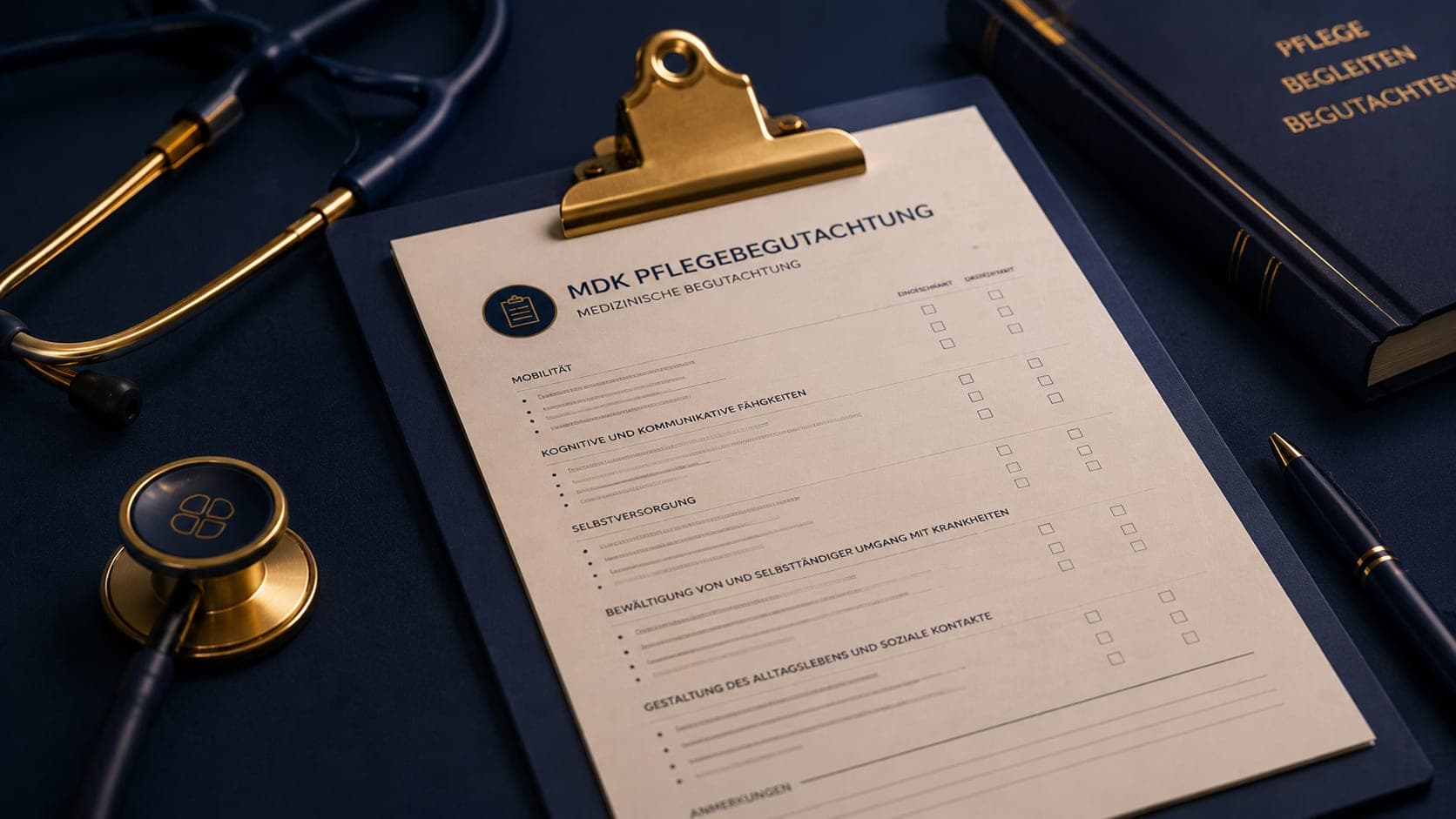 Klemmbrett mit Begutachtungs-Checkliste und Stethoskop – MDK-Begutachtung vorbereiten für richtigen Pflegegrad