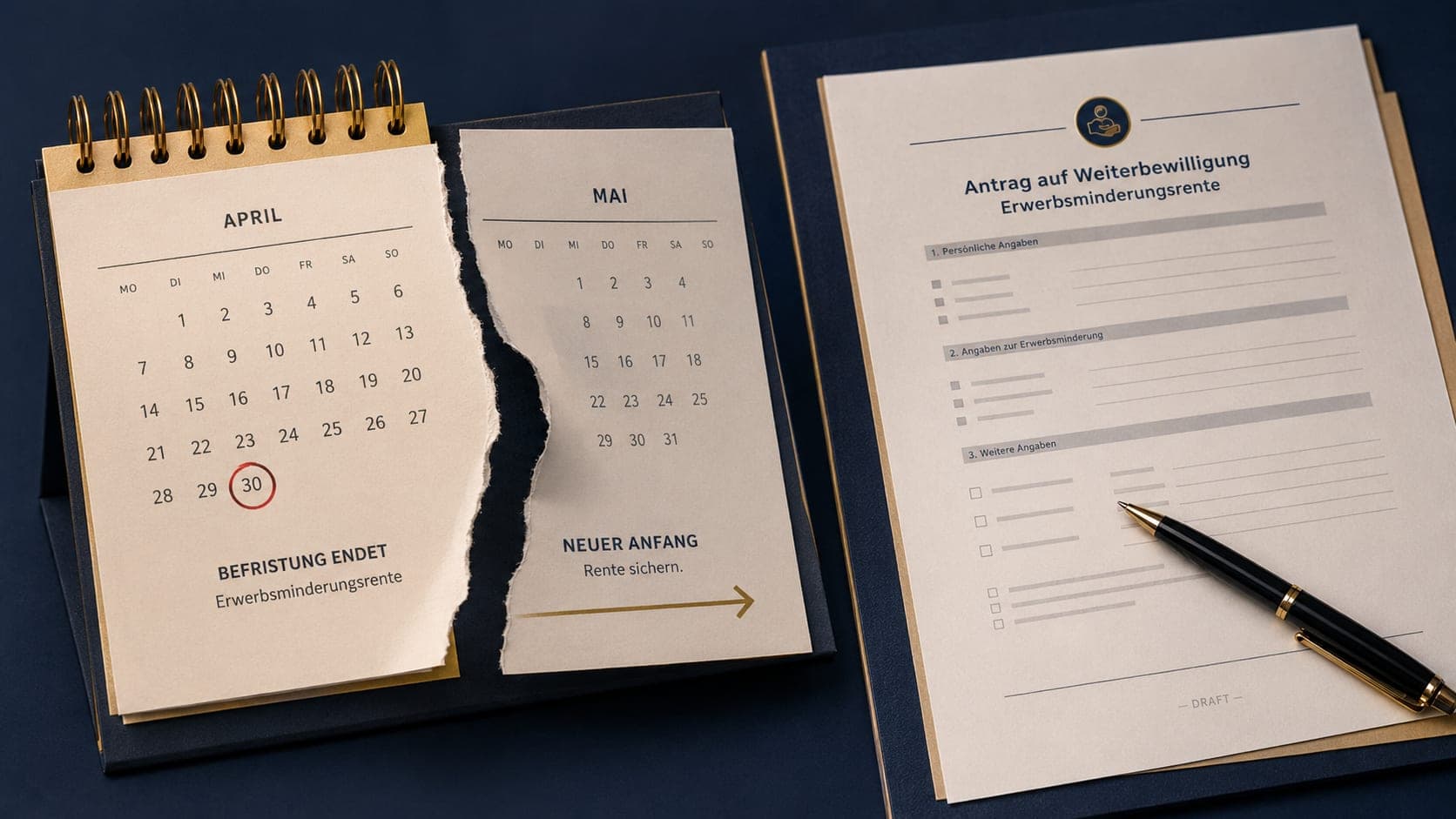 Abreißkalender neben Rentenverlängerungsformular – befristete Erwerbsminderungsrente läuft aus, nächste Schritte