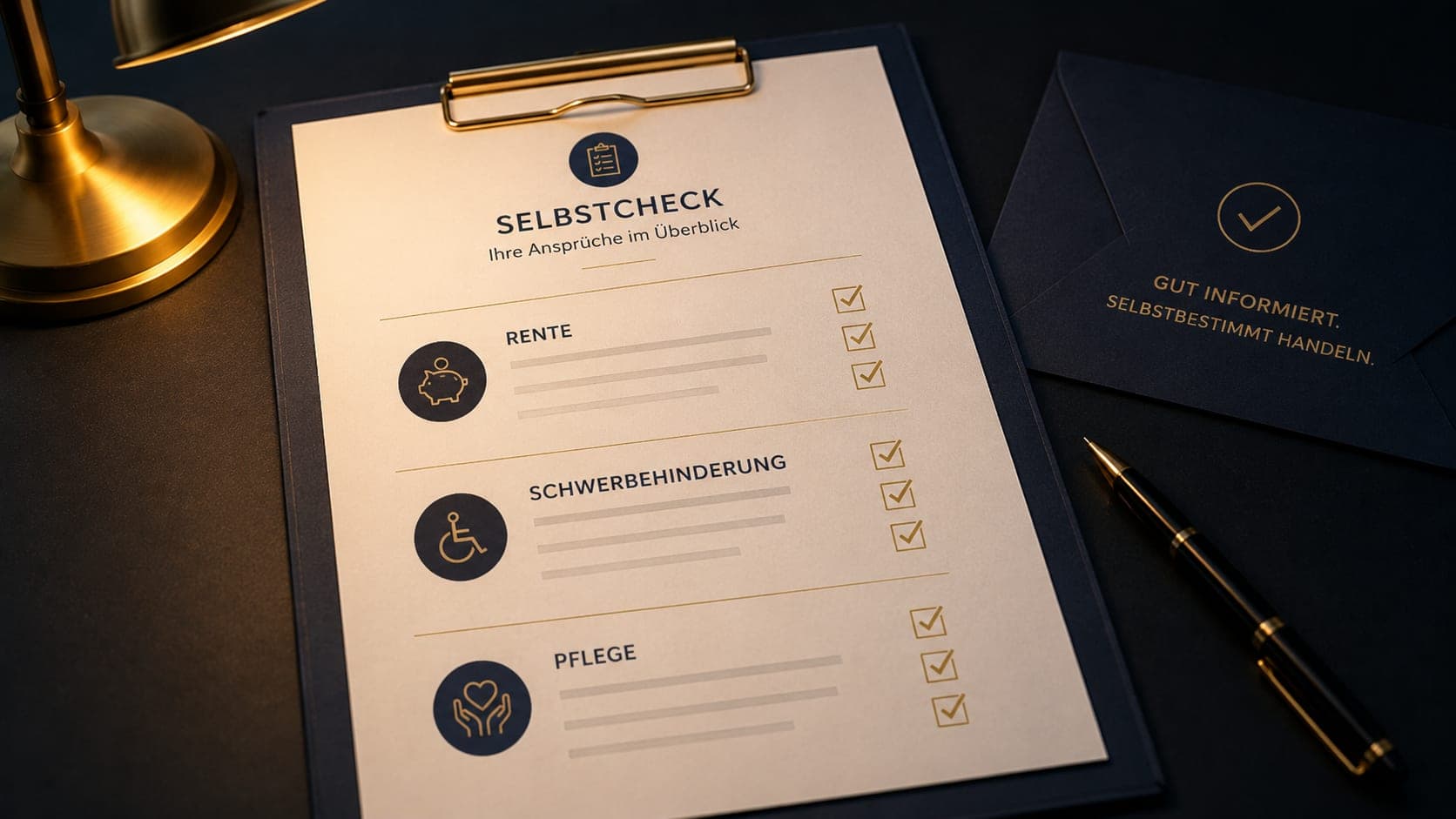 Checkliste mit drei Abschnitten Rente, Schwerbehinderung, Pflege – Selbstcheck 2026 für Sozialleistungen